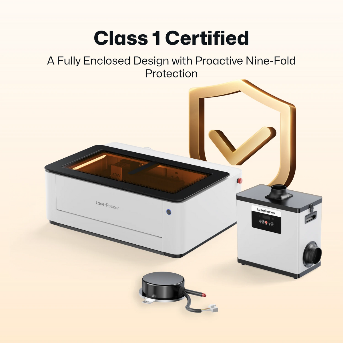 LaserPecker fully enclosed desktop diode laser cutter system with Class 1 laser safety certification and proactive nine-fold protection. Includes main engraver unit, air purifier, and accessory for a safe, integrated workspace. 