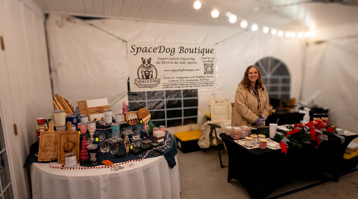 A woman presenting customized products from her own brand.