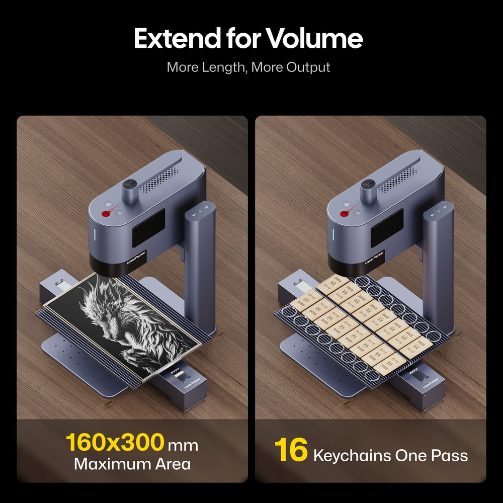 Laser engraver machine showing two working scenarios: one engraving a wolf design on a 160x300mm surface, and another engraving 16 keychains in one pass, with the slogan "Extend for Volume, More Length, More Output".