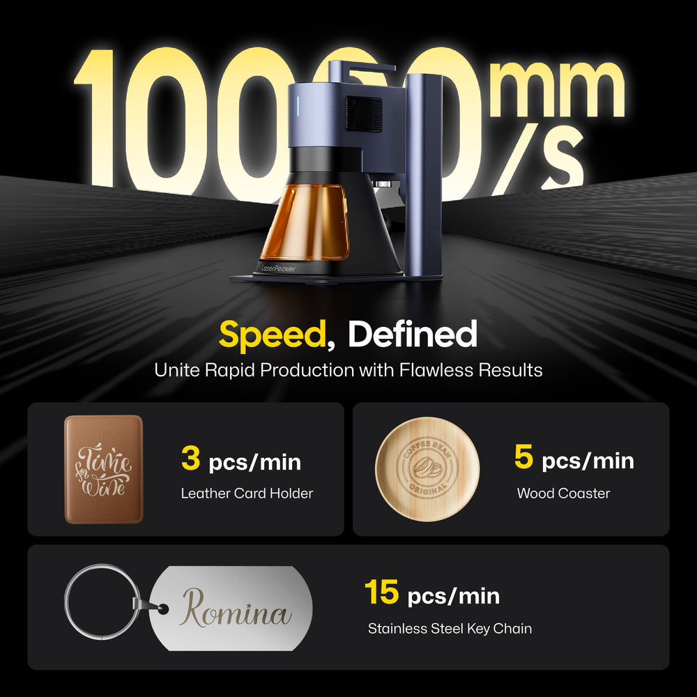 High-speed laser engraver with 10000 mm/s engraving speed, showing production efficiency on leather card holders, wood coasters, and stainless steel keychains.