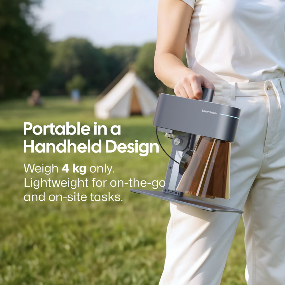 Person carrying a LaserPecker portable laser engraver LP4 outdoors, highlighting its handheld, lightweight design (ONLY 4KG) for on-the-go and on-site tasks.