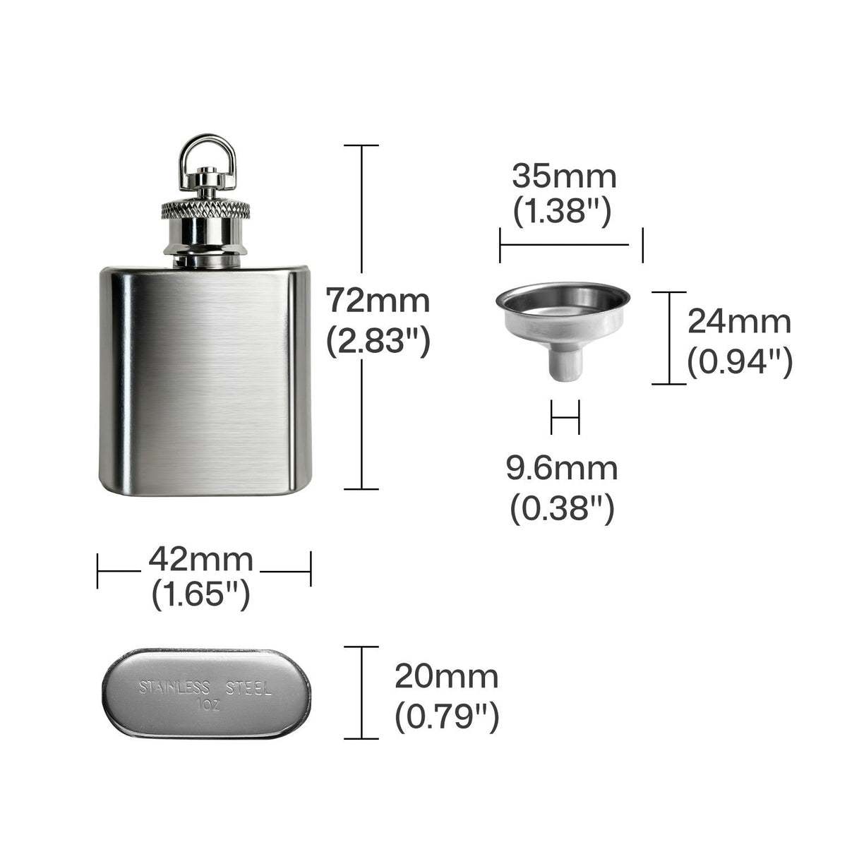 technical drawing of stainless steel keychain blank with laser engraving area dimensions.
