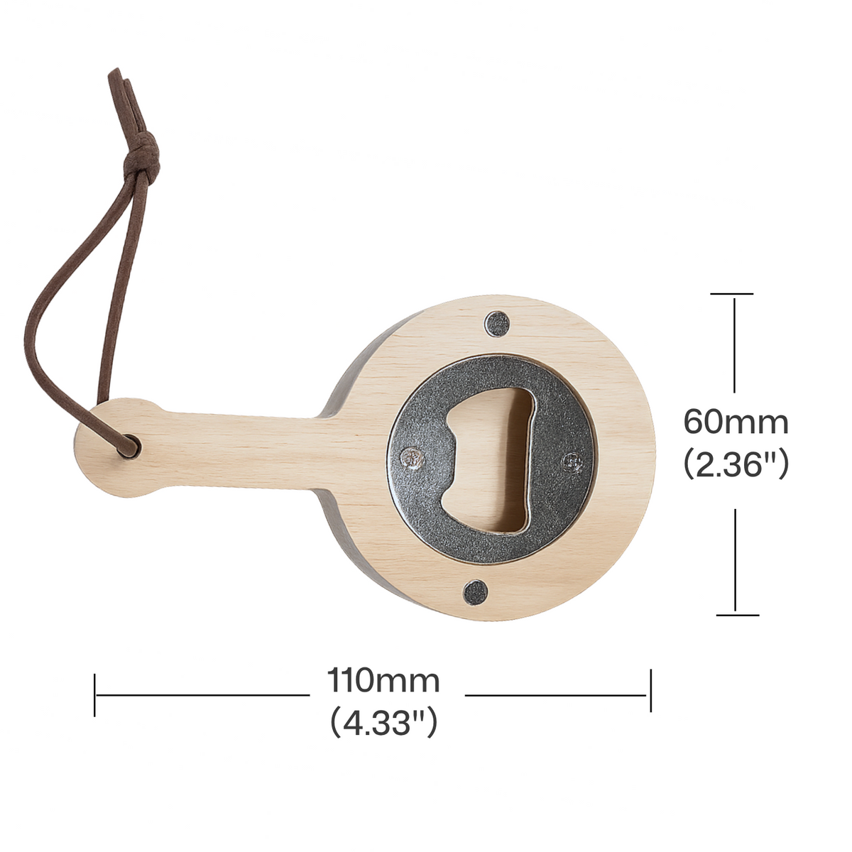 pan shaped bottle opener blank with dimension labels 60mm width 110mm height for laser engraving kitchen bar accessory.