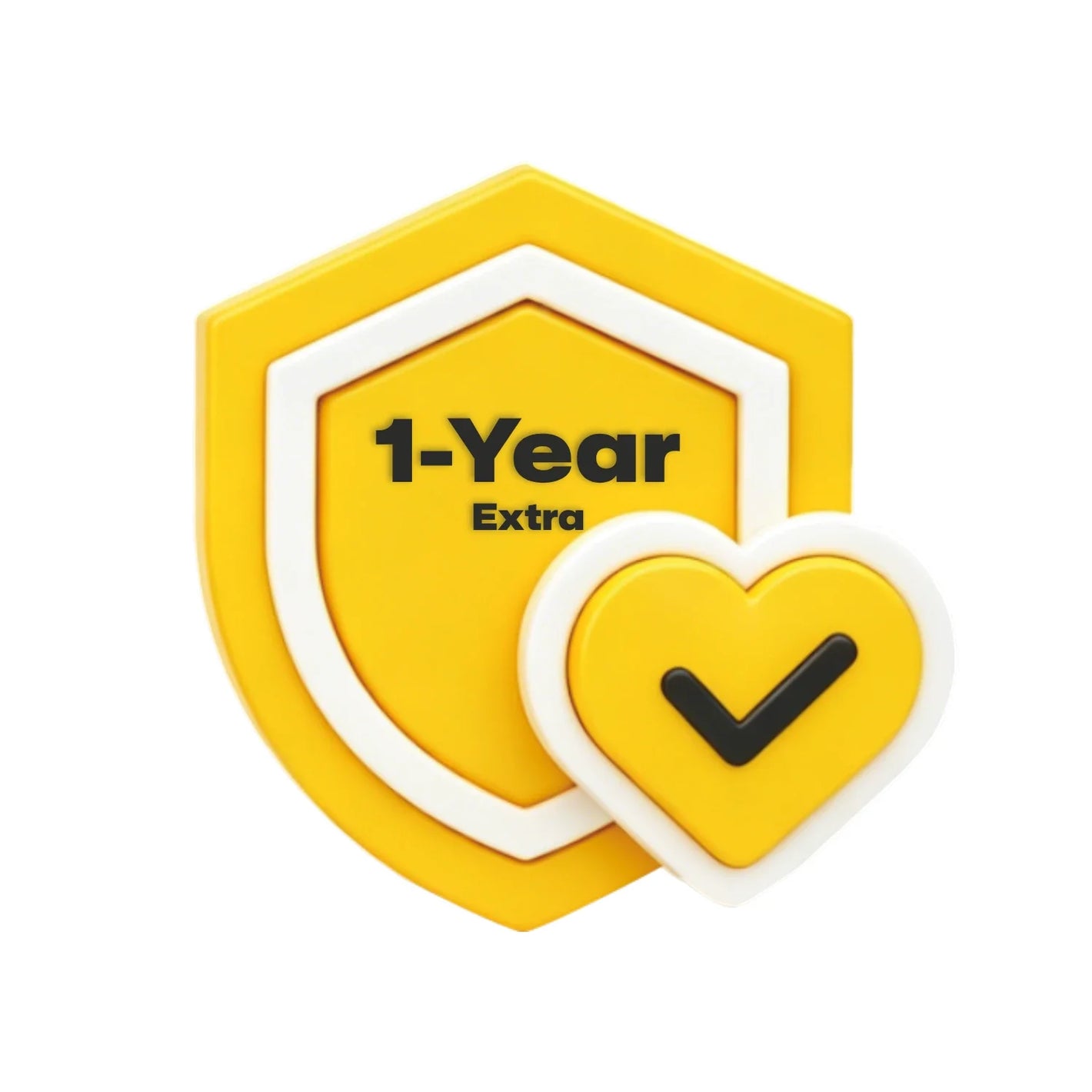 Yellow shield with '1-Year Extra' text and a heart with a checkmark on a white background