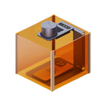 LaserPecker engraver inside an amber safety enclosure that blocks laser radiation, safely engraving a wooden phone case, bundled with a free 3-piece materials kit.