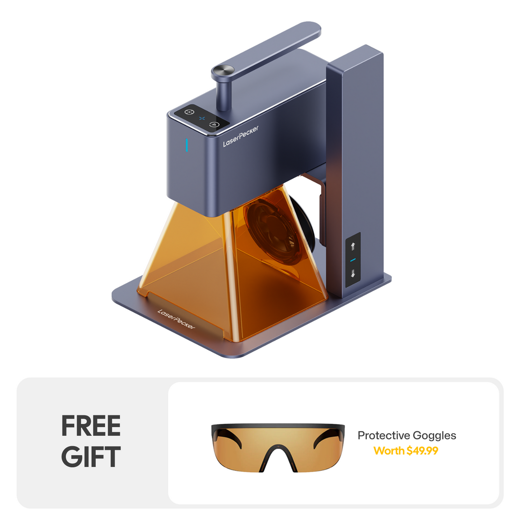 LaserPecker portable laser engraver, featuring a compact, foldable design and an amber safety shield, bundled with free gifts: protective goggles (worth $49.99) and a 2-piece materials kit, perfect for on-the-go engraving projects.