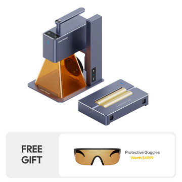 LaserPecker portable engraver with a roller extension for cylindrical items, bundled with free protective goggles (worth $49.99) and a 2-piece materials kit, ready for both flat and curved engraving projects.