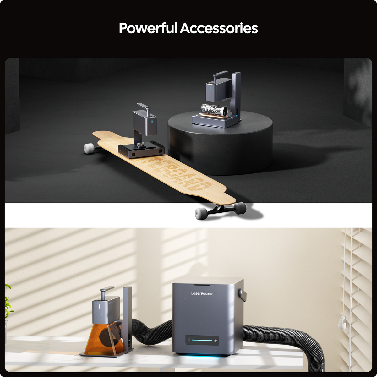 LaserPecker LP2 with powerful accessories: a rotary extension for curved surfaces like skateboards and tumblers, and a smoke purifier for a clean, safe workspace.