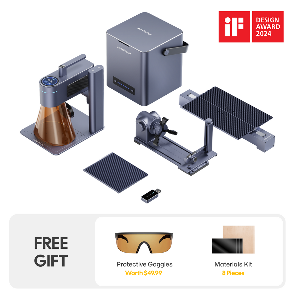 2024 iF Design Award-winning LaserPecker ultimate engraving bundle, including the main unit, air purifier, rotary attachment, extended table, and accessories, plus a free gift of protective goggles (worth $49.99) and an 8-piece materials kit.