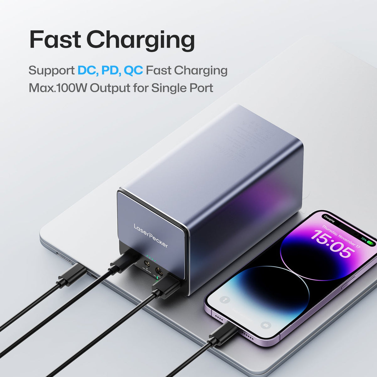 laserpecker powerpack plus fast charging support dc pd qc 100w output.

