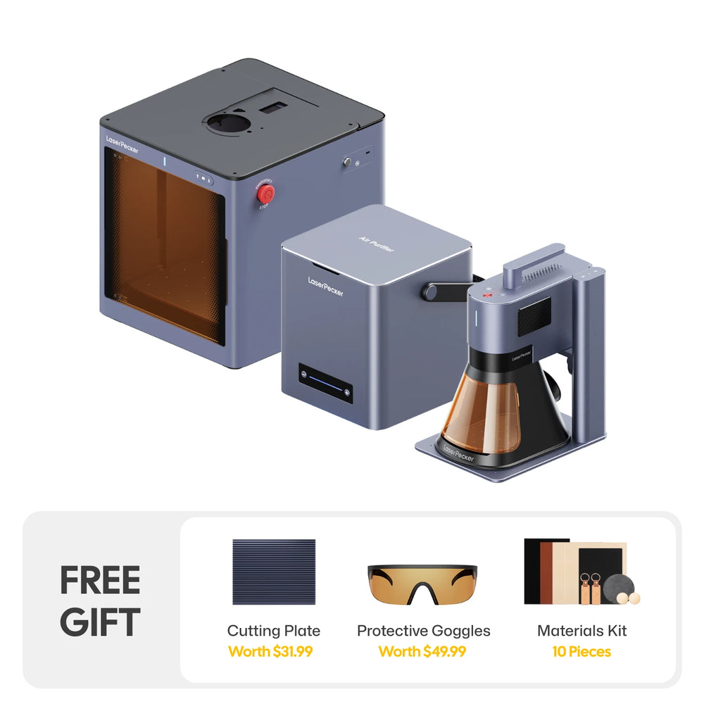 LaserPecker complete laser engraving solution bundle, including the main engraver, protective enclosure, and air purifier, with a free gift of a cutting plate, protective goggles, and 10-piece materials kit.