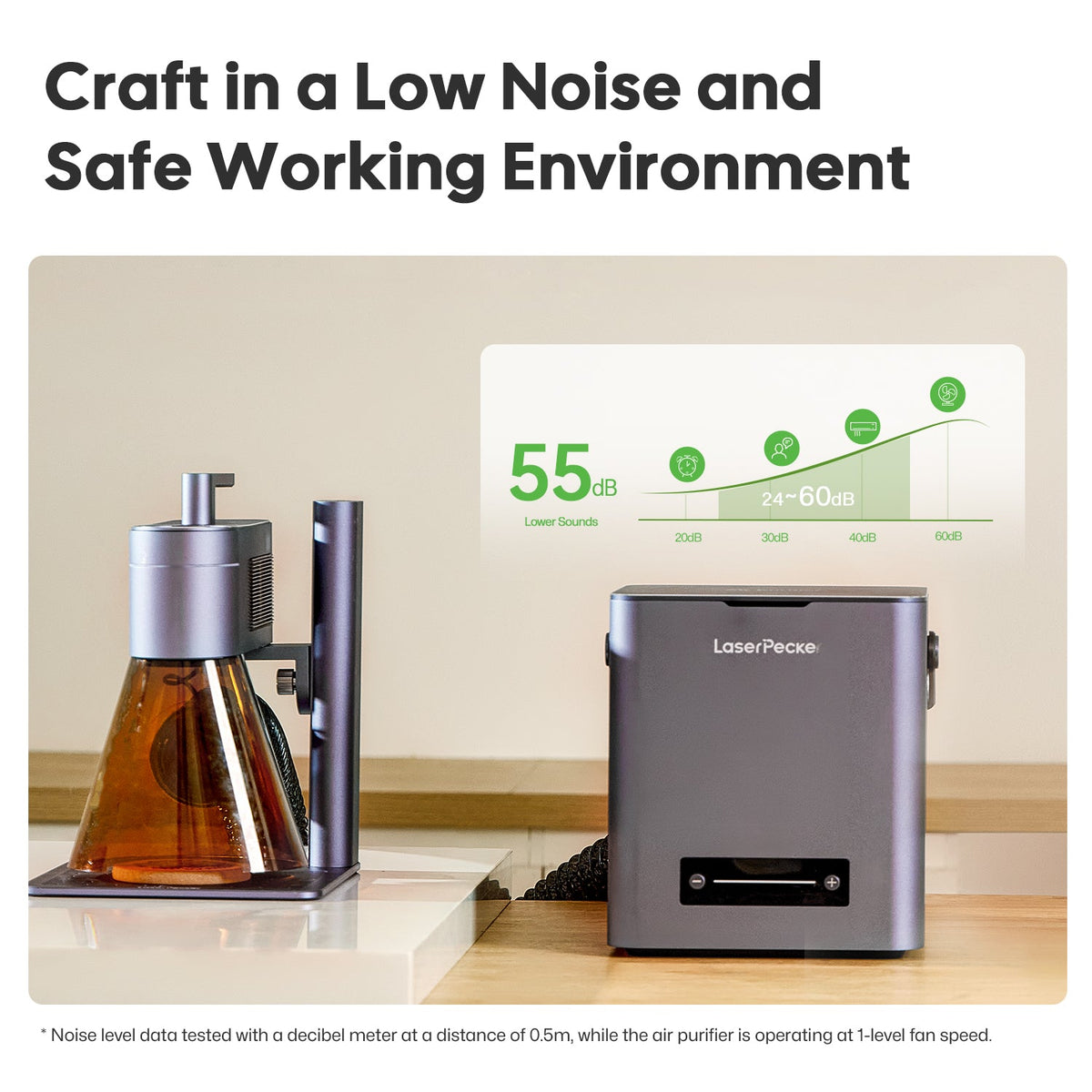laserpecker desktop air purifier operates at 55 decibels for low noise laser engraving workspace.