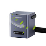 LaserPecker desktop air purifier for LP series laser engravers, featuring a compact cube design with an adjustable airflow control display and a flexible exhaust hose.