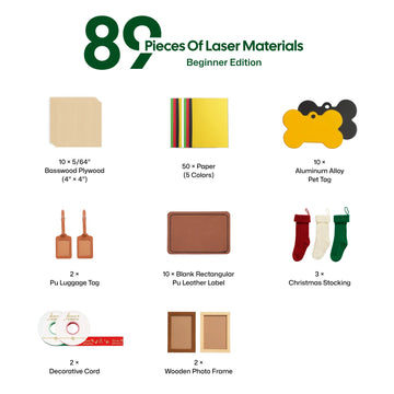 laserpecker beginner holiday bundle with 89 pieces of laser materials including basswood plywood paper pet tags pu leather labels and wooden photo frames for laser engraving.