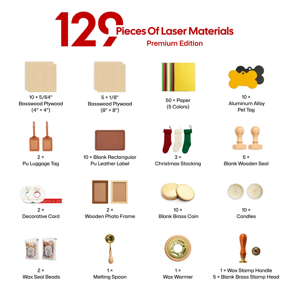laserpecker premium holiday bundle with 129 pieces of laser materials including basswood plywood aluminum pet tags pu leather labels brass coins candles and wax seal kit for professional laser engraving.