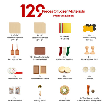 laserpecker premium holiday bundle with 129 pieces of laser materials including basswood plywood aluminum pet tags pu leather labels brass coins candles and wax seal kit for professional laser engraving.