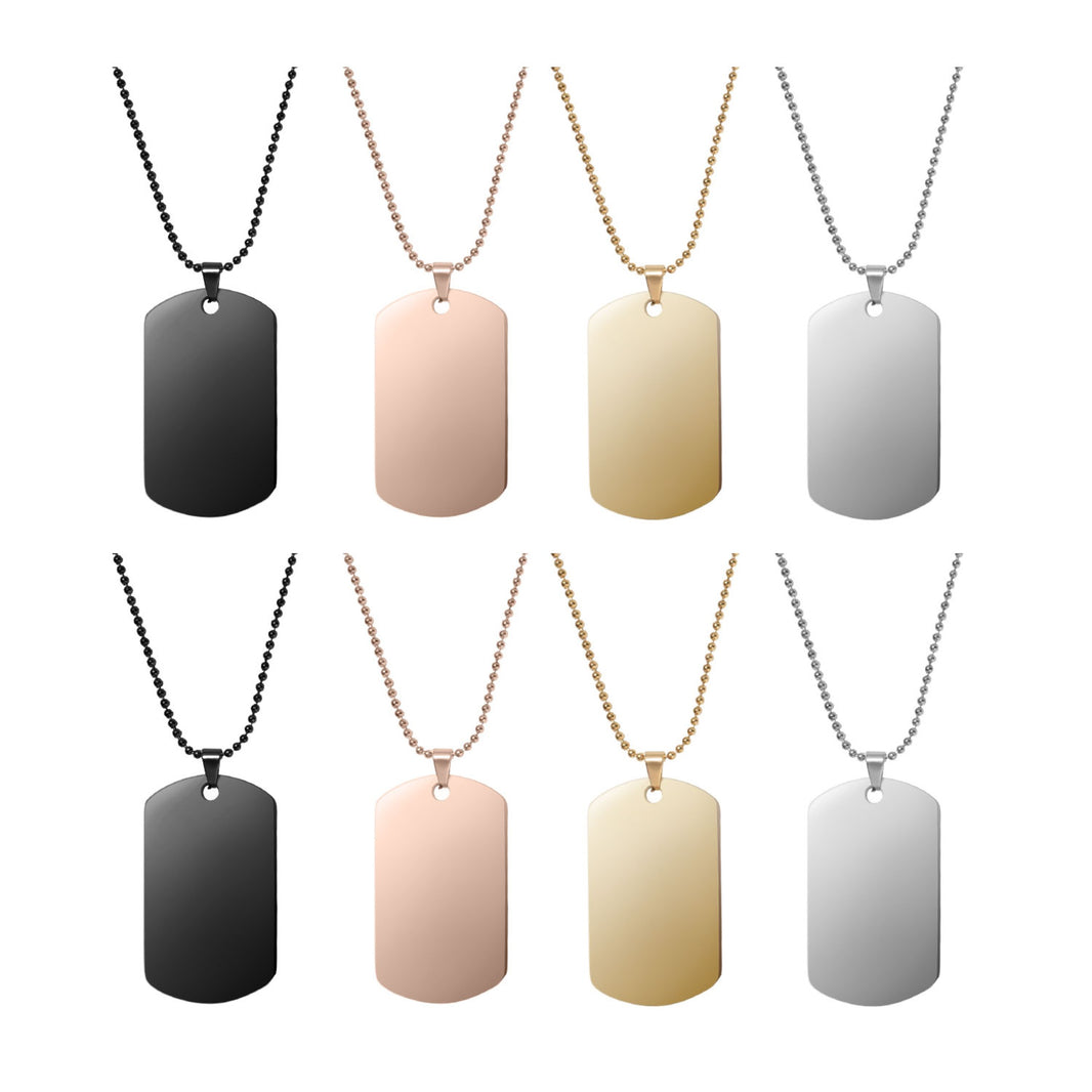 A set of 8 blank engravable dog tag necklaces, featuring polished stainless steel pendants in black, rose gold, gold, and silver finishes, paired with matching beaded ball chains, designed for custom engraving of names, dates, or personal messages.