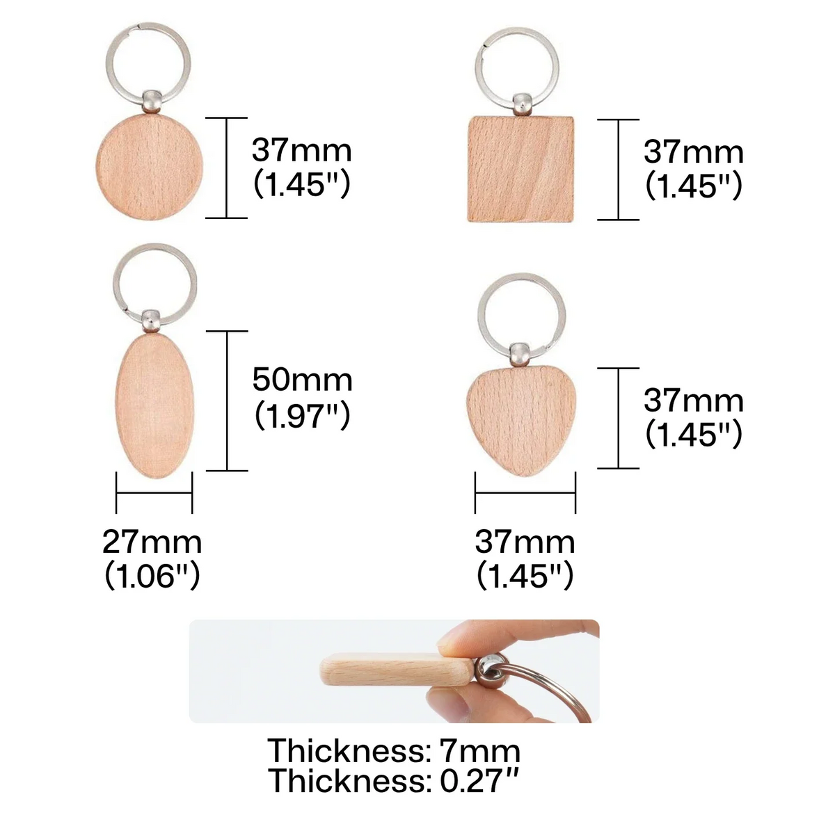 random wooden keychain blanks next to ruler showing various sizes for laser engraving machine setup.