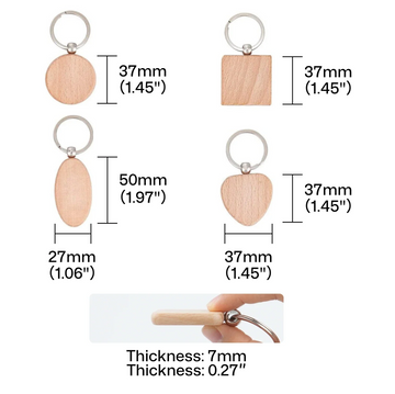 random wooden keychain blanks next to ruler showing various sizes for laser engraving machine setup.