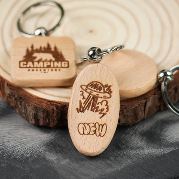 mixed wooden keychain blanks with laser engraved names and designs personalized diy craft samples.