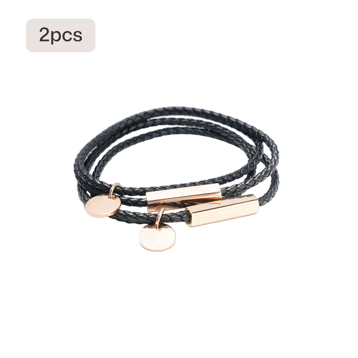 set of 2 braided leather bracelet with stainless steel rod blanks for laser engraving adjustable cord bracelet personalized gift for men women.
