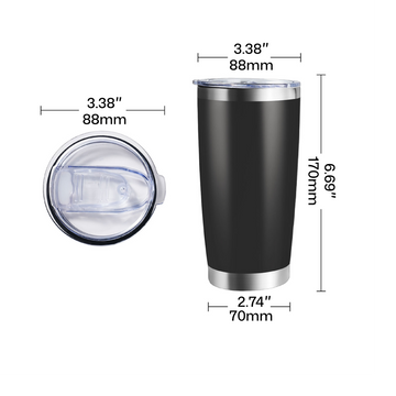 coated stainless steel tumbler with lid dimension chart showing height and diameter for laser engraving.