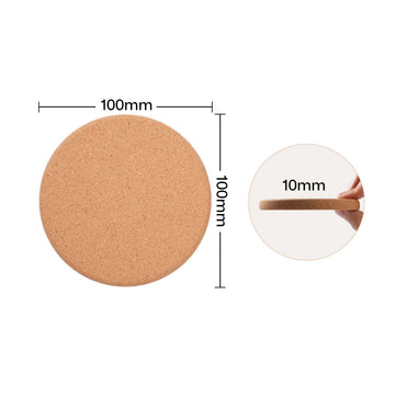 Dimensional specification of a round cork coaster blank for laser engraving, showing a 100mm (3.94") diameter and 10mm (0.39") thickness, presented as a durable, eco-friendly material for creating personalized drink coasters.
