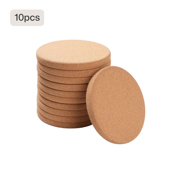 A pack of 10 round, natural cork coasters with a raised edge, presented as blanks for laser engraving custom designs, logos, or text to create personalized home decor and drinkware accessories.
