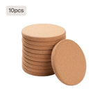 A pack of 10 round, natural cork coasters with a raised edge, presented as blanks for laser engraving custom designs, logos, or text to create personalized home decor and drinkware accessories.

