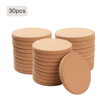 A pack of 30 round, natural cork coasters with a raised edge, presented as blanks for laser engraving custom designs, logos, or text to create personalized home decor and drinkware accessories.
