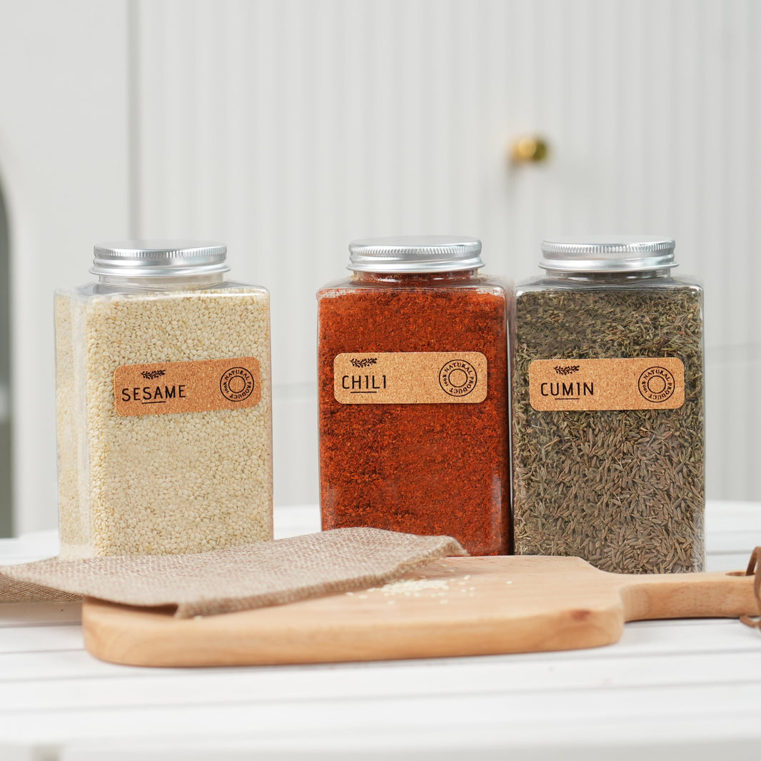 laser engraved corkwood labels applied on glass jars for pantry organization diy craft project.