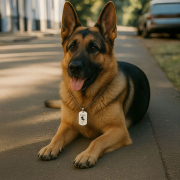 A German Shepherd dog lying on a sunlit urban sidewalk, wearing a personalized stainless steel dog tag necklace with a beaded ball chain. The tag features a custom silhouette of a dog and engraved text, serving as both a stylish accessory and an identification tool.