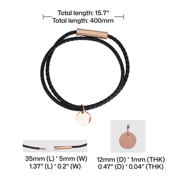 braided leather bracelet with steel rod length dimensions for laser engraving fit sizing.