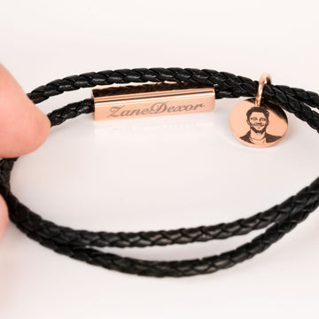 braided leather bracelet with laser engraved name on steel rod personalized gift for anniversary.