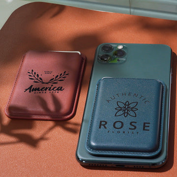 magnetic card holder attached to iPhone with credit cards inserted for laser engraving wallet case.