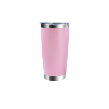 20oz matte pink stainless steel travel tumbler with clear lid and silver rim. Blank powder-coated surface designed for custom laser engraving. Double-wall insulated mug suitable for personalized branding, corporate events, and gifting.