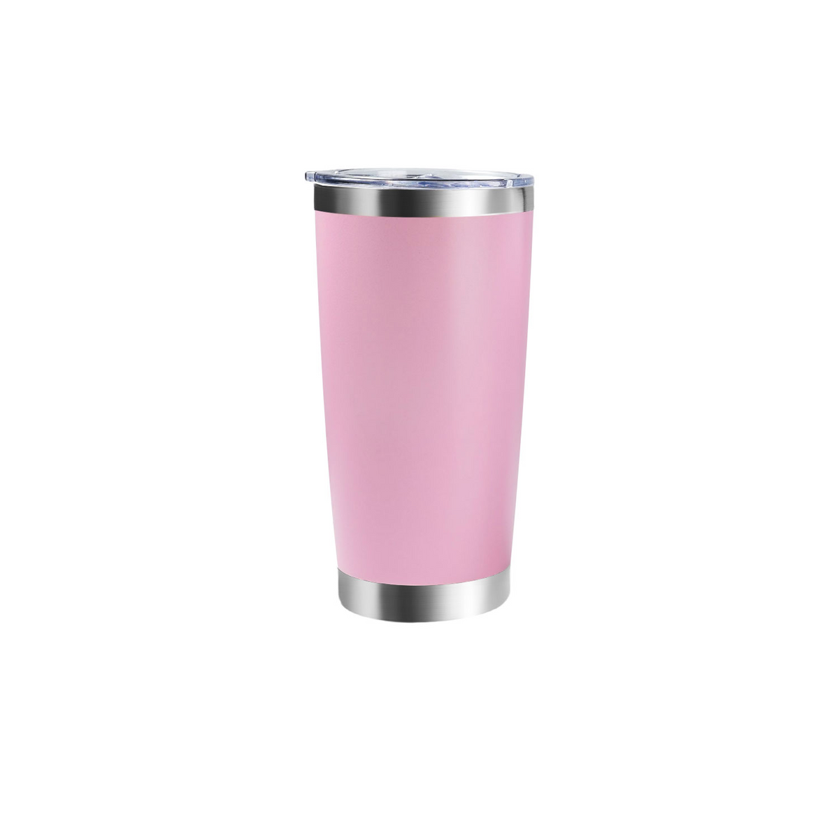 20oz matte pink stainless steel travel tumbler with clear lid and silver rim. Blank powder-coated surface designed for custom laser engraving. Double-wall insulated mug suitable for personalized branding, corporate events, and gifting.
