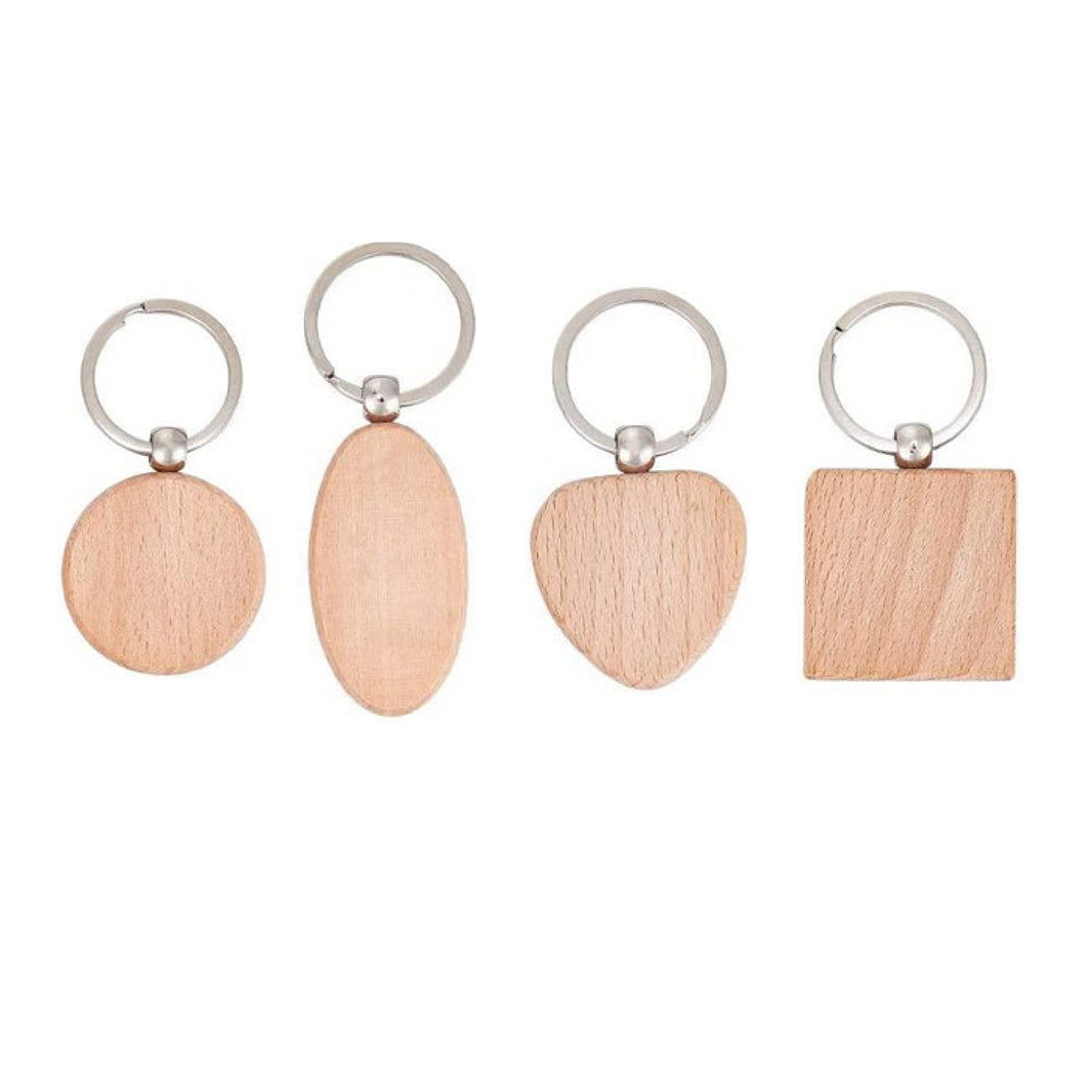 random assorted wooden keychain blanks for laser engraving mixed shapes and wood types diy craft supplies.