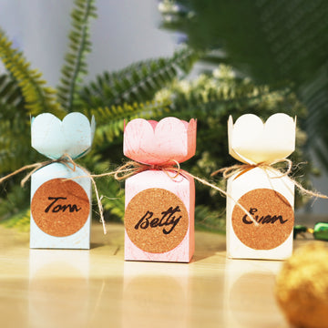 laser engraved round cork labels applied on gift packages for rustic pantry organization.