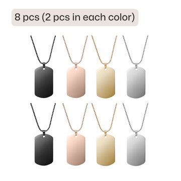 A set of 8 blank engravable dog tag necklaces, with 2 pieces each in black, rose gold, gold, and silver finishes. Each necklace features a polished stainless steel pendant on a matching beaded ball chain, designed for custom engraving of names, dates, or personal messages.