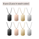 A set of 8 blank engravable dog tag necklaces, with 2 pieces each in black, rose gold, gold, and silver finishes. Each necklace features a polished stainless steel pendant on a matching beaded ball chain, designed for custom engraving of names, dates, or personal messages.