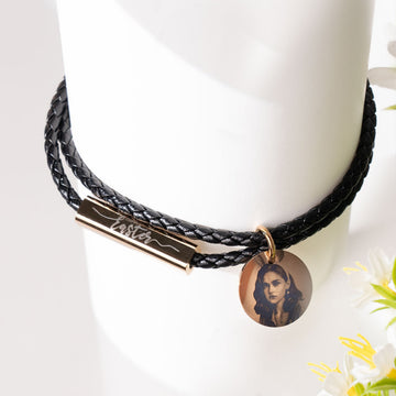 stainless steel rod on braided leather bracelet for laser engraving custom name or date jewelry.