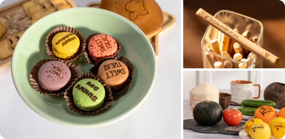 LP1 Plus laser engraver performing food-safe engraving on macarons to create unique, edible branding and customized desserts.