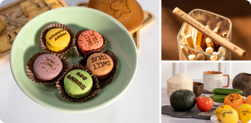 La graveuse laser LP1 Plus effectuant une gravure sans danger pour les aliments sur des macarons afin de créer un marquage unique et comestible ainsi que des desserts personnalisés.