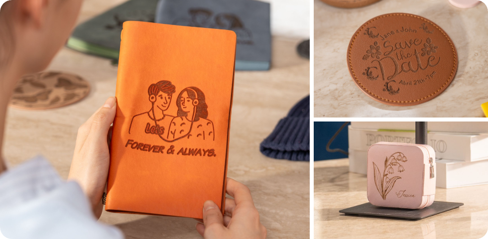Gros plan sur une couverture de carnet en cuir ornée de motifs précis réalisés par gravure laser avec la graveuse de précision LP1 Plus.