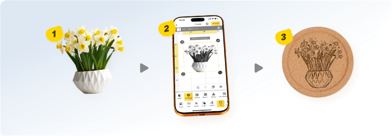 LaserPecker LP1 Plus snap-and-engrave feature: take photo directly in LDS app, convert to laser engraving instantly, photo-to-laser for beginners.