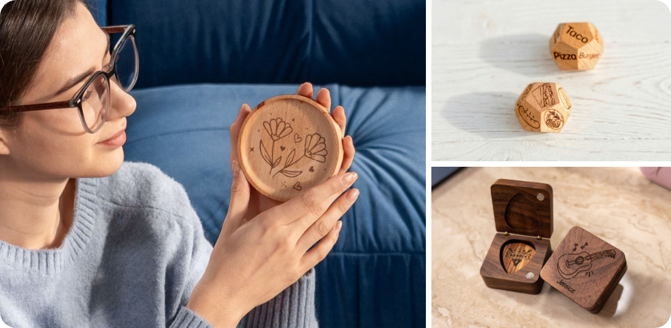 Sous-verres en bois personnalisés avec motifs floraux réalisés par la LP1 Plus, parfaits pour des cadeaux personnalisés.