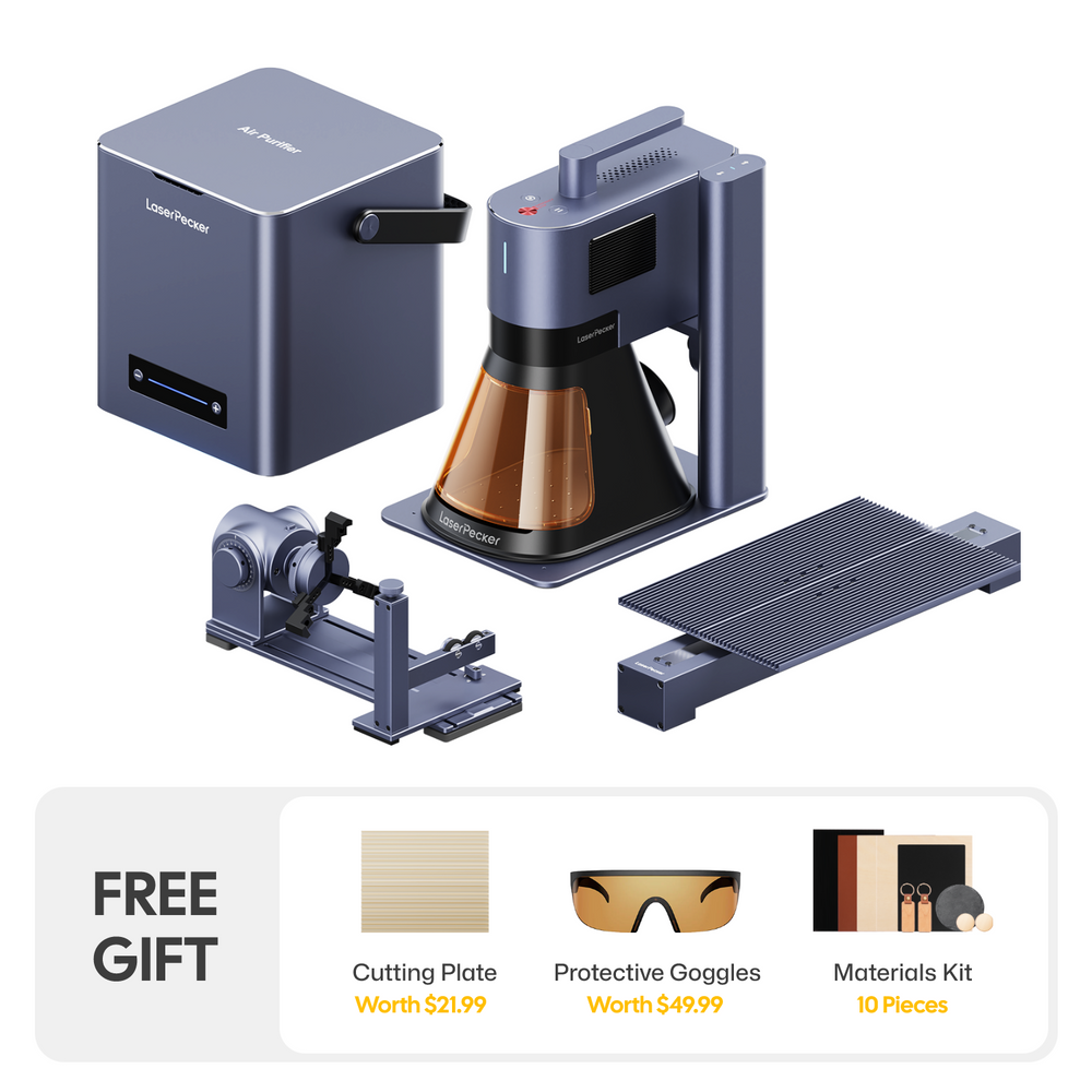LaserPecker laser engraver premium bundle, including the main machine, air 
purifier, rotary attachment, and extended engraving table, with a free gift of a cutting plate, protective goggles, and 13-piece materials kit.