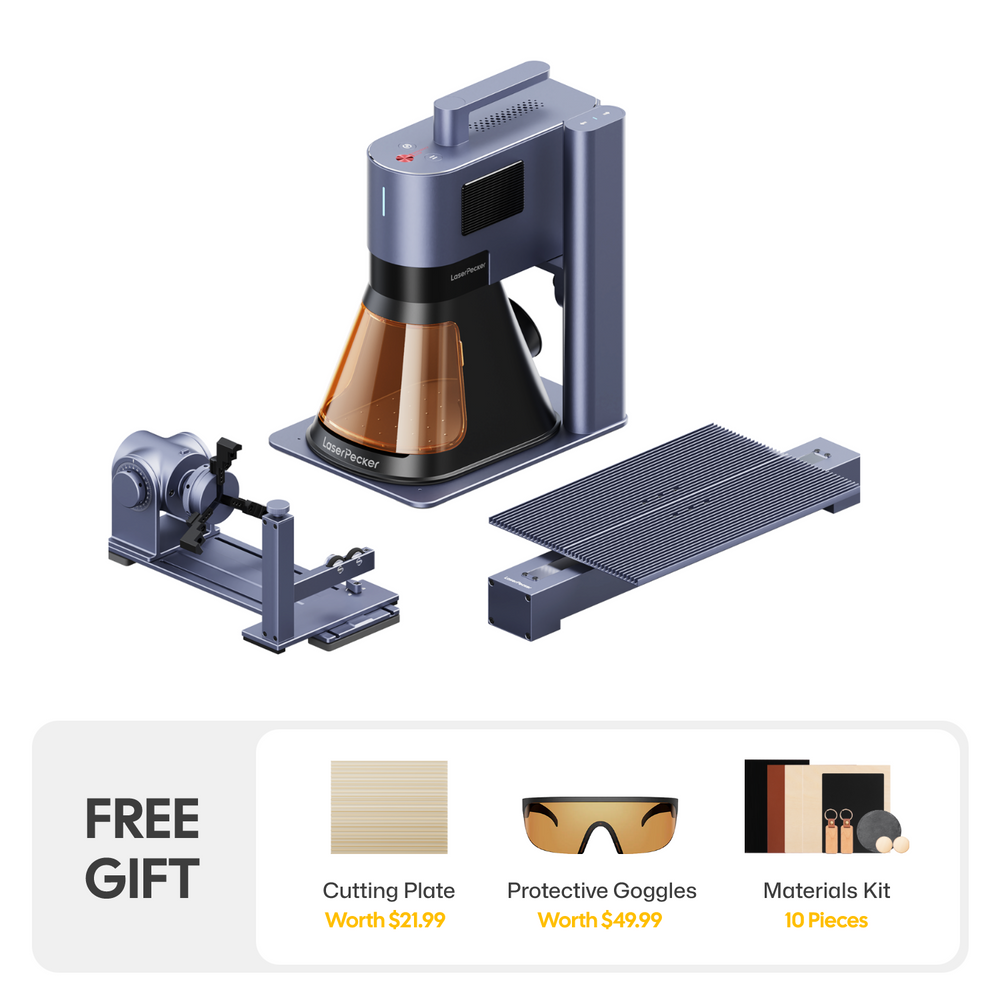 LaserPecker laser engraver full kit, including the main machine, rotary attachment, and extended engraving table, with a free gift bundle of a cutting plate, protective goggles, and 13-piece materials kit.