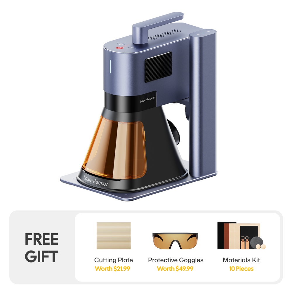 LaserPecker laser engraver machine in blue-gray, with a free gift bundle including a cutting plate, protective goggles, and a 13-piece materials kit.